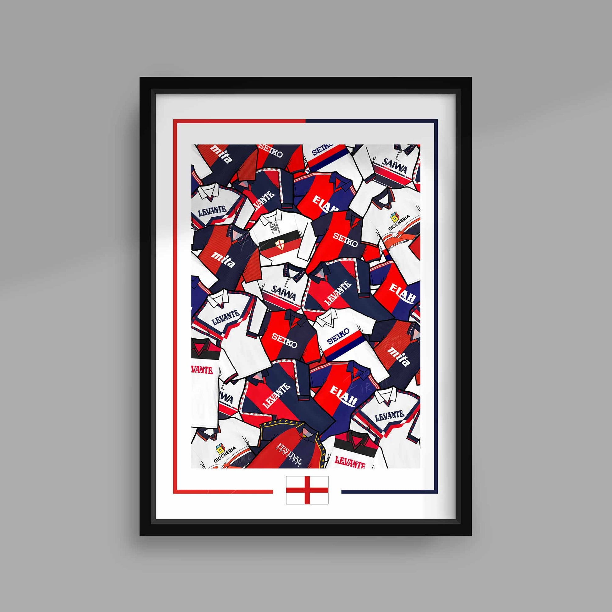 Celebrate Genoa CFC iconic vintage shirts with this poster print artwork. Featuring retro designs that capture the essence of the club's history