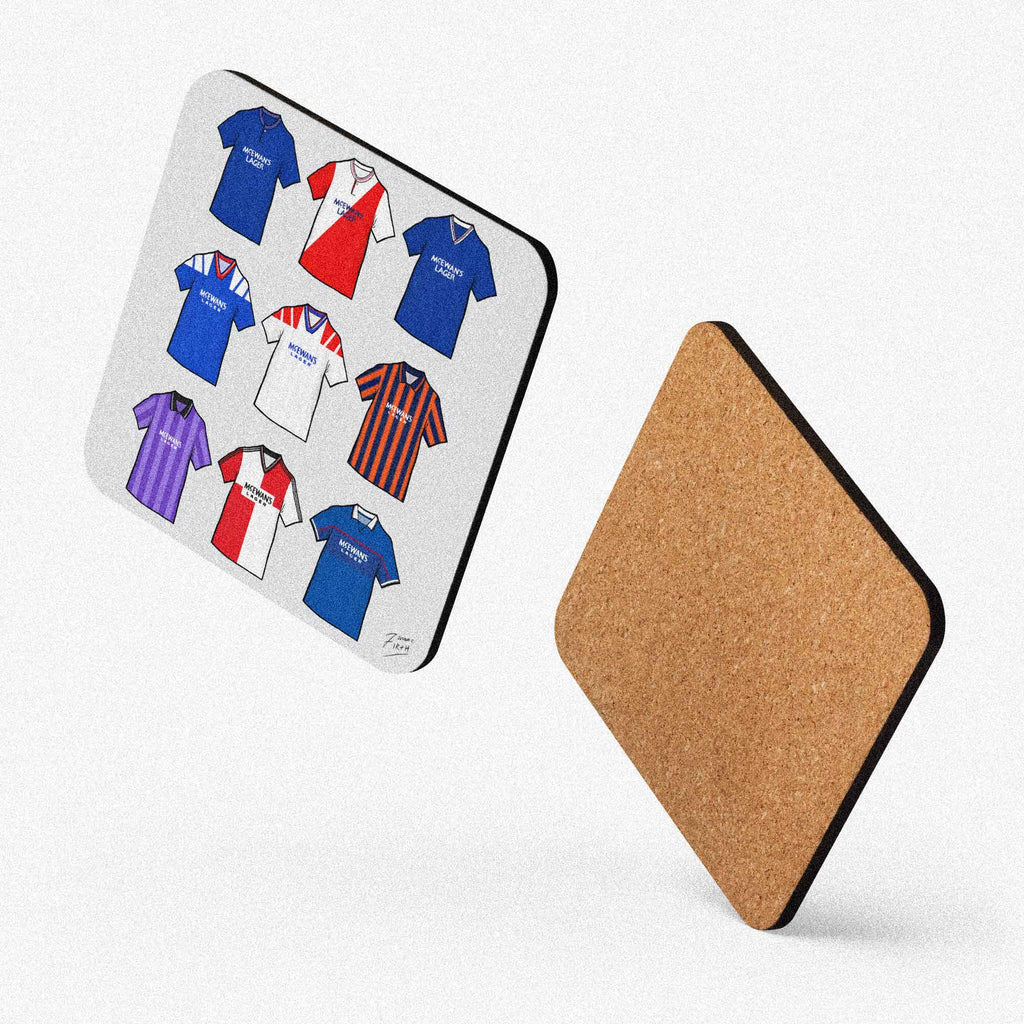 Glasgow Rangers retro football shirt collage coaster, handmade cork-backed gift for Gers fans and home decor!