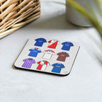 Glasgow Rangers retro football shirt collage coaster, handmade cork-backed gift for Gers fans and home decor.