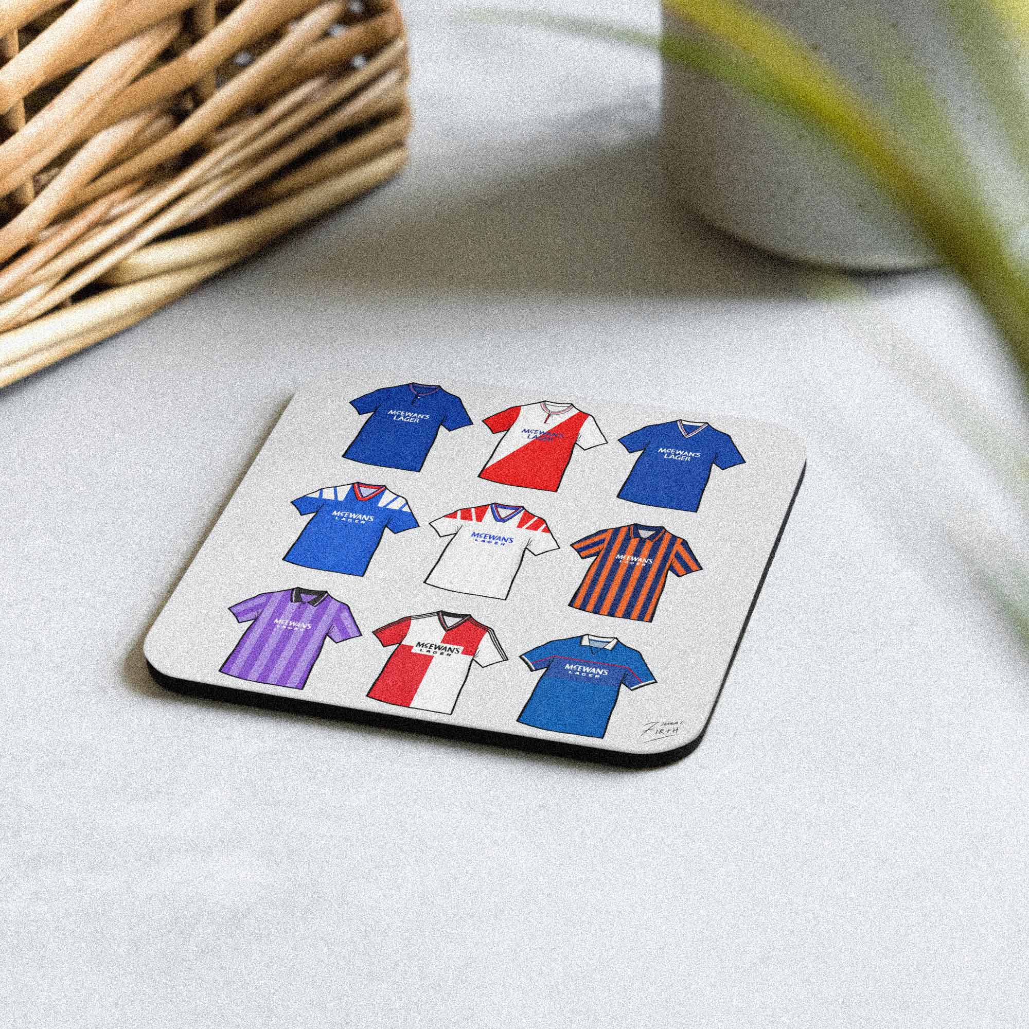 Glasgow Rangers retro football shirt collage coaster, handmade cork-backed gift for Gers fans and home decor.