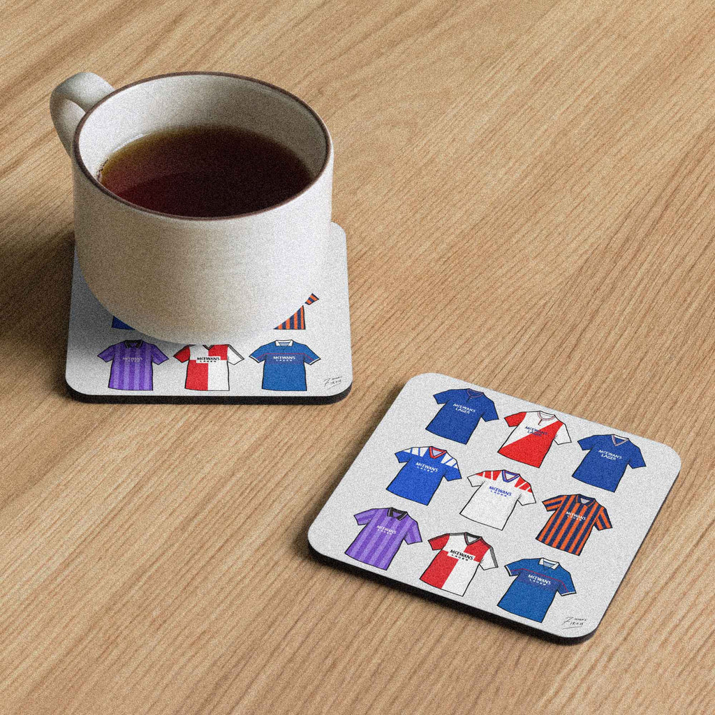 Glasgow Rangers retro football shirt collage coaster, handmade cork-backed gift for Gers fans and home decor.