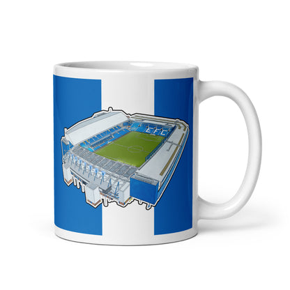 A mug featuring artwork inspired by Goodison Park, the home of Everton FC.