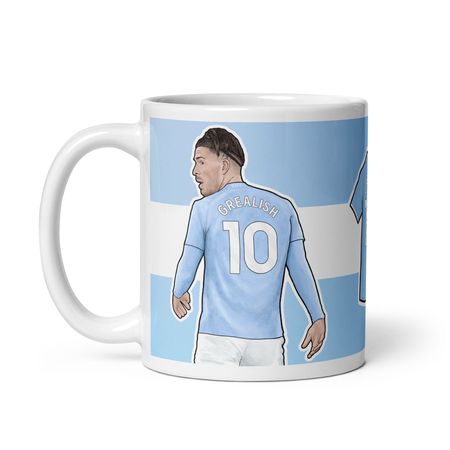 A mug featuring artwork of Manchester City player Jack Grealish