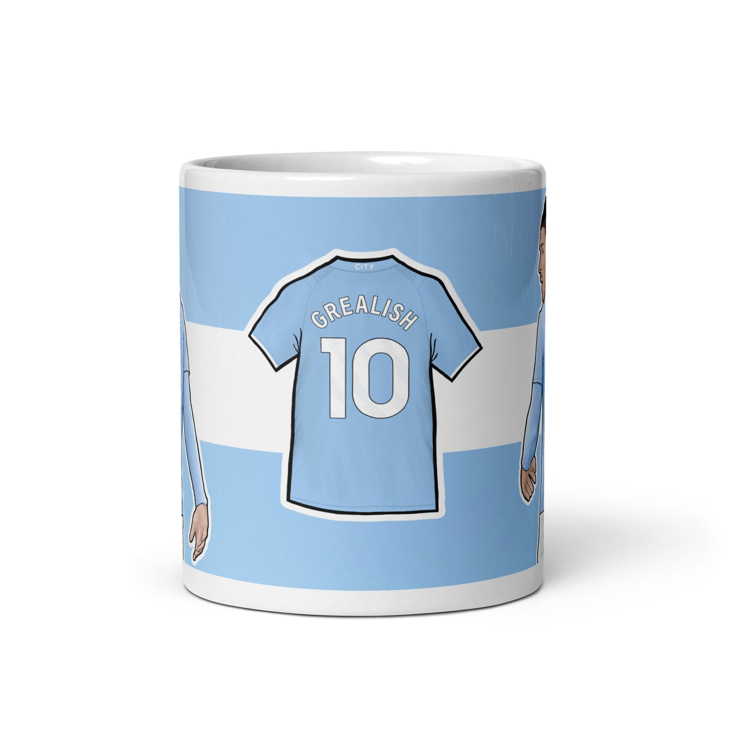 A mug featuring artwork of Manchester City player Jack Grealish
