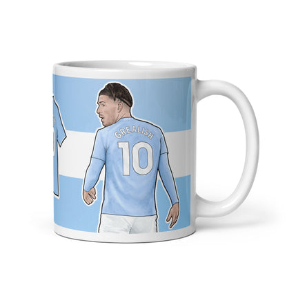 A mug featuring artwork of Manchester City player Jack Grealish
