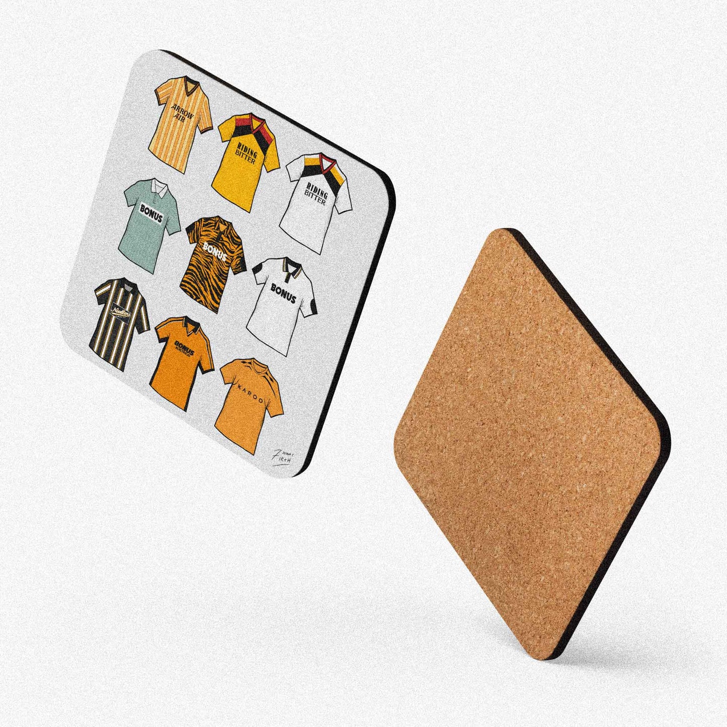 Handmade Hull retro football shirt coaster featuring a classic amber and black design, cork-backed for durability. This hand-sublimated fan-made Hull City inspired coaster is perfect football memorabilia for supporters, ideal as a unique home decor item, man cave accessory, or gift for any Hull fan.