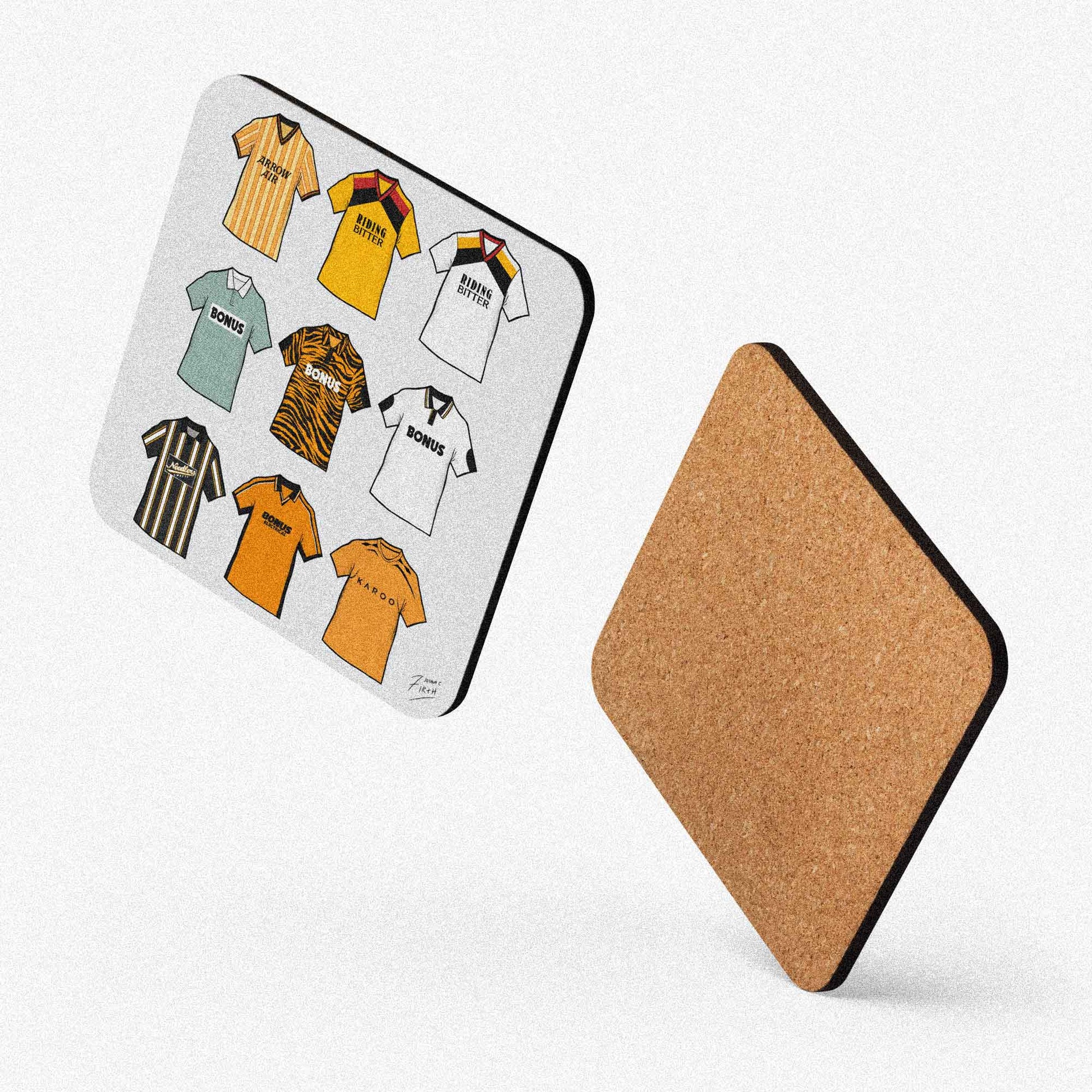 Handmade Hull retro football shirt coaster featuring a classic amber and black design, cork-backed for durability. This hand-sublimated fan-made Hull City inspired coaster is perfect football memorabilia for supporters, ideal as a unique home decor item, man cave accessory, or gift for any Hull fan.