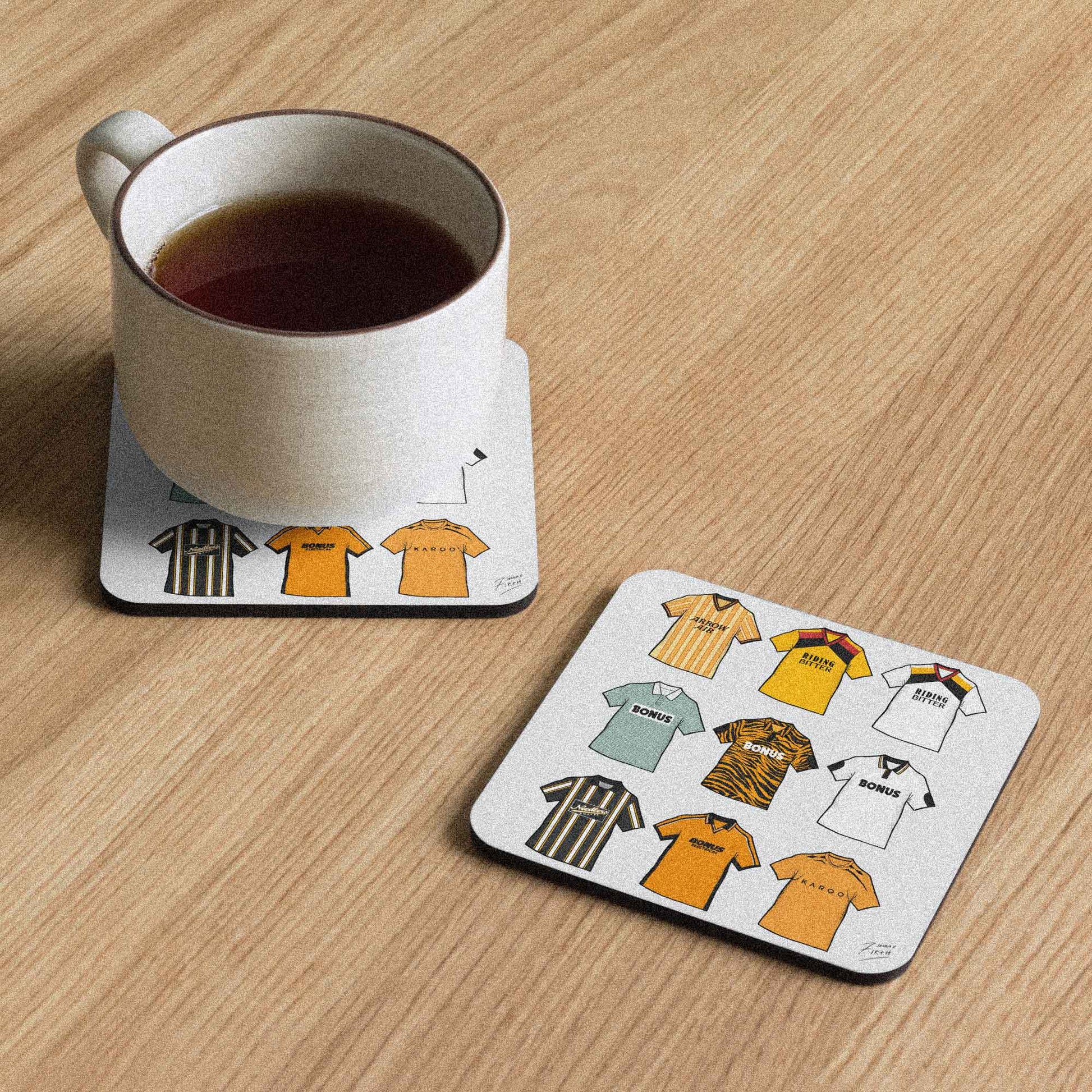 Handmade Hull retro football shirt coaster featuring a classic amber and black design, cork-backed for durability. This hand-sublimated fan-made Hull City inspired coaster is perfect football memorabilia for supporters, ideal as a unique home decor item, man cave accessory, or gift for any Hull fan.