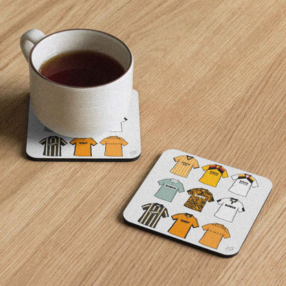 Handmade Hull retro football shirt coaster featuring a classic amber and black design, cork-backed for durability. This hand-sublimated fan-made Hull City inspired coaster is perfect football memorabilia for supporters, ideal as a unique home decor item, man cave accessory, or gift for any Hull fan.