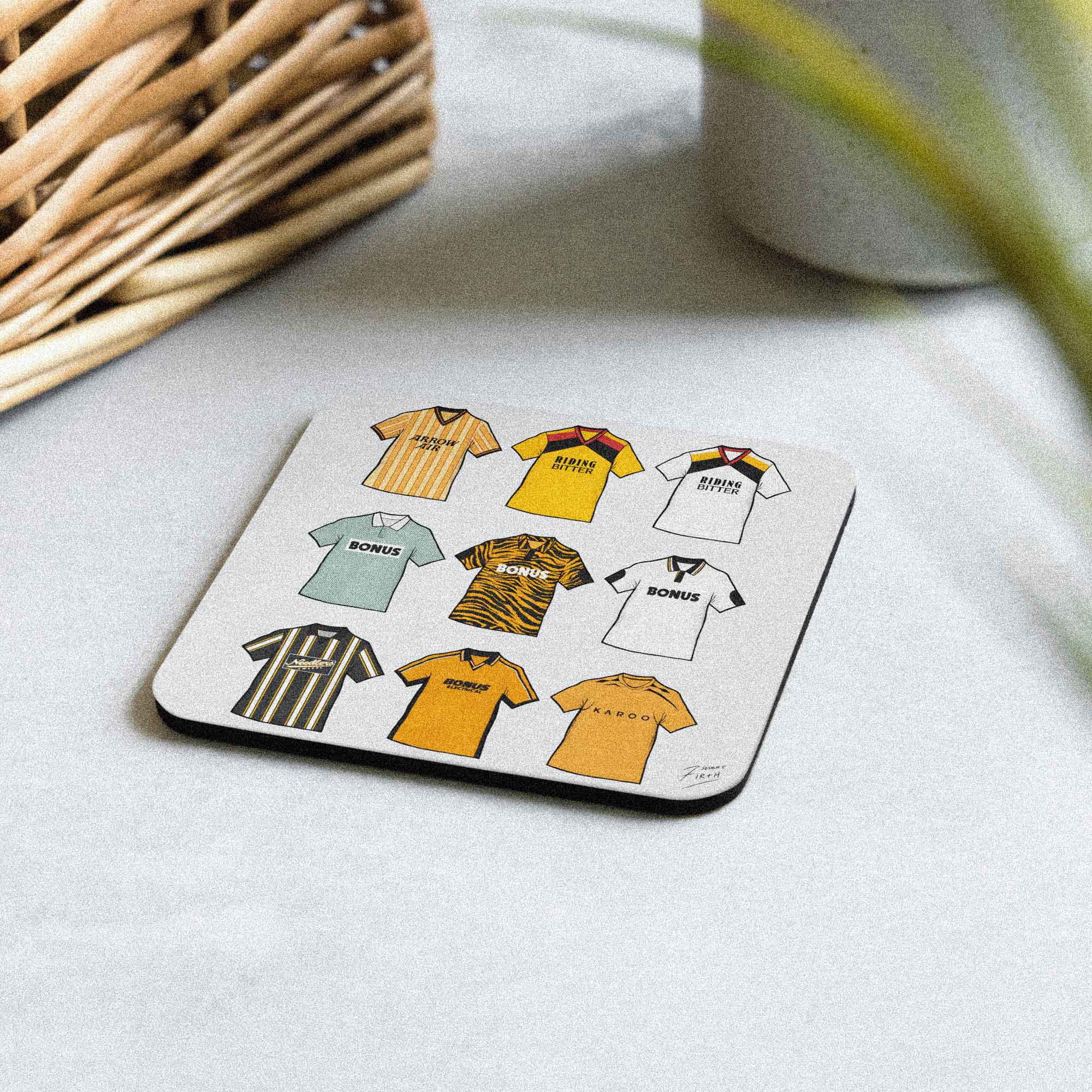 Handmade Hull retro football shirt coaster featuring a classic amber and black design, cork-backed for durability. This hand-sublimated fan-made Hull City inspired coaster is perfect football memorabilia for supporters, ideal as a unique home decor item, man cave accessory, or gift for any Hull fan.