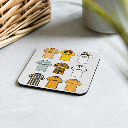 Handmade Hull retro football shirt coaster featuring a classic amber and black design, cork-backed for durability. This hand-sublimated fan-made Hull City inspired coaster is perfect football memorabilia for supporters, ideal as a unique home decor item, man cave accessory, or gift for any Hull fan.