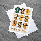 Hull Legends of City Shirts Birthday Football Card of the Tigers With Envelope, artwork includes illustrated shirts of Boaz Myhill, Ian Ashbee, Nick Barmby, Robert Koren, Dean Windass, Jarrod Bowen, Justin Whittle, Geovanni and Abel Hernandez