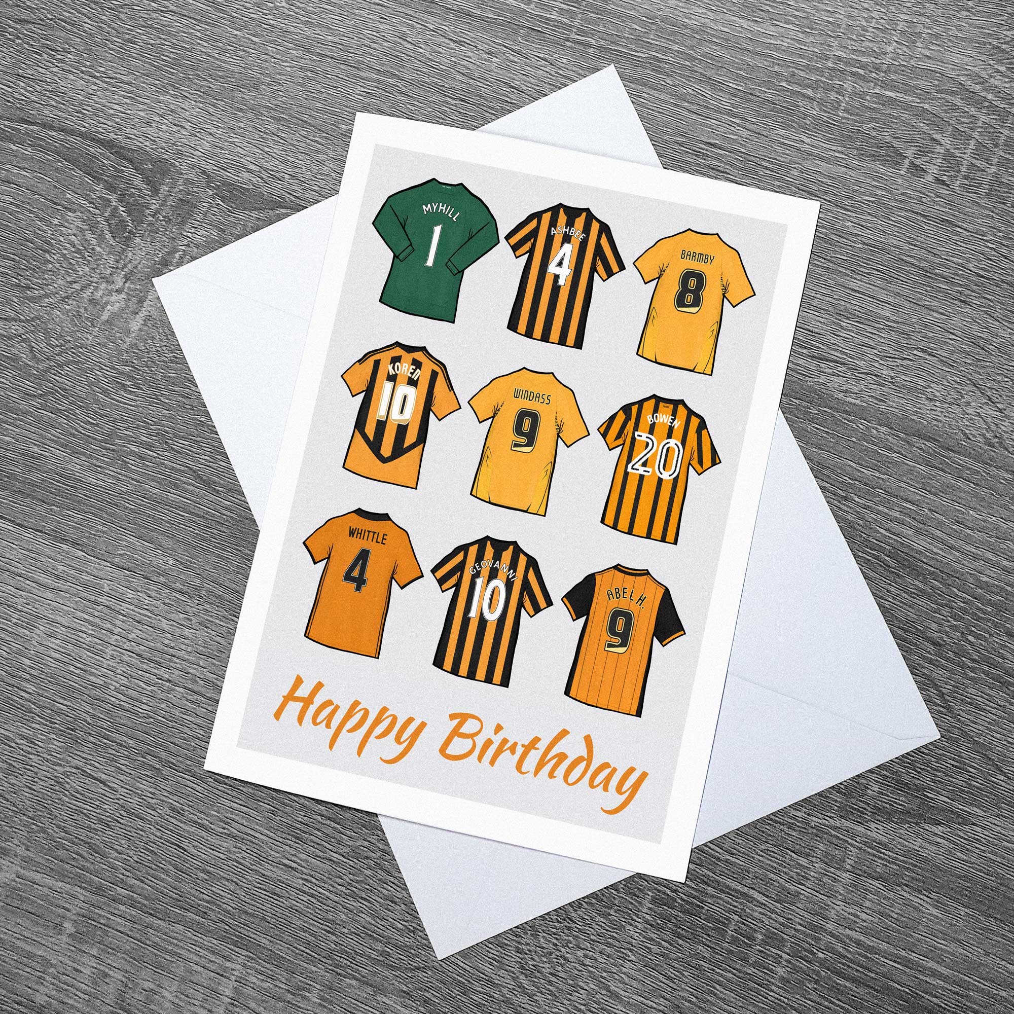Hull Legends of City Shirts Birthday Football Card of the Tigers With Envelope, artwork includes illustrated shirts of Boaz Myhill, Ian Ashbee, Nick Barmby, Robert Koren, Dean Windass, Jarrod Bowen, Justin Whittle, Geovanni and Abel Hernandez
