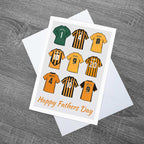 Hull Legends of City Shirts Fathers Day Football Card of the Tigers With Envelope, artwork includes illustrated shirts of Boaz Myhill, Ian Ashbee, Nick Barmby, Robert Koren, Dean Windass, Jarrod Bowen, Justin Whittle, Geovanni and Abel Hernandez