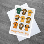 Hull Legends of City Shirts Mothers Day Football Card of the Tigers With Envelope, artwork includes illustrated shirts of Boaz Myhill, Ian Ashbee, Nick Barmby, Robert Koren, Dean Windass, Jarrod Bowen, Justin Whittle, Geovanni and Abel Hernandez