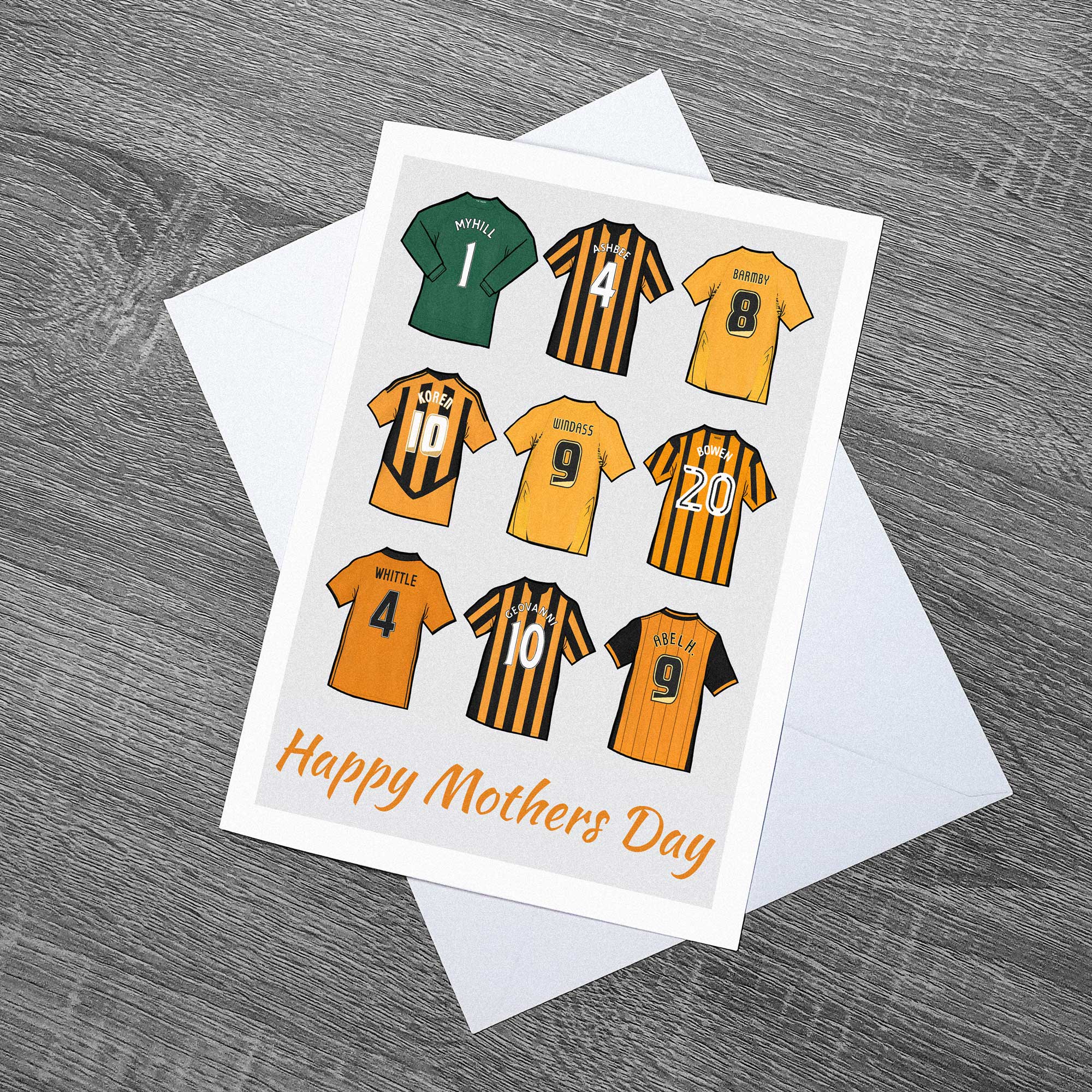 Hull Legends of City Shirts Mothers Day Football Card of the Tigers With Envelope, artwork includes illustrated shirts of Boaz Myhill, Ian Ashbee, Nick Barmby, Robert Koren, Dean Windass, Jarrod Bowen, Justin Whittle, Geovanni and Abel Hernandez