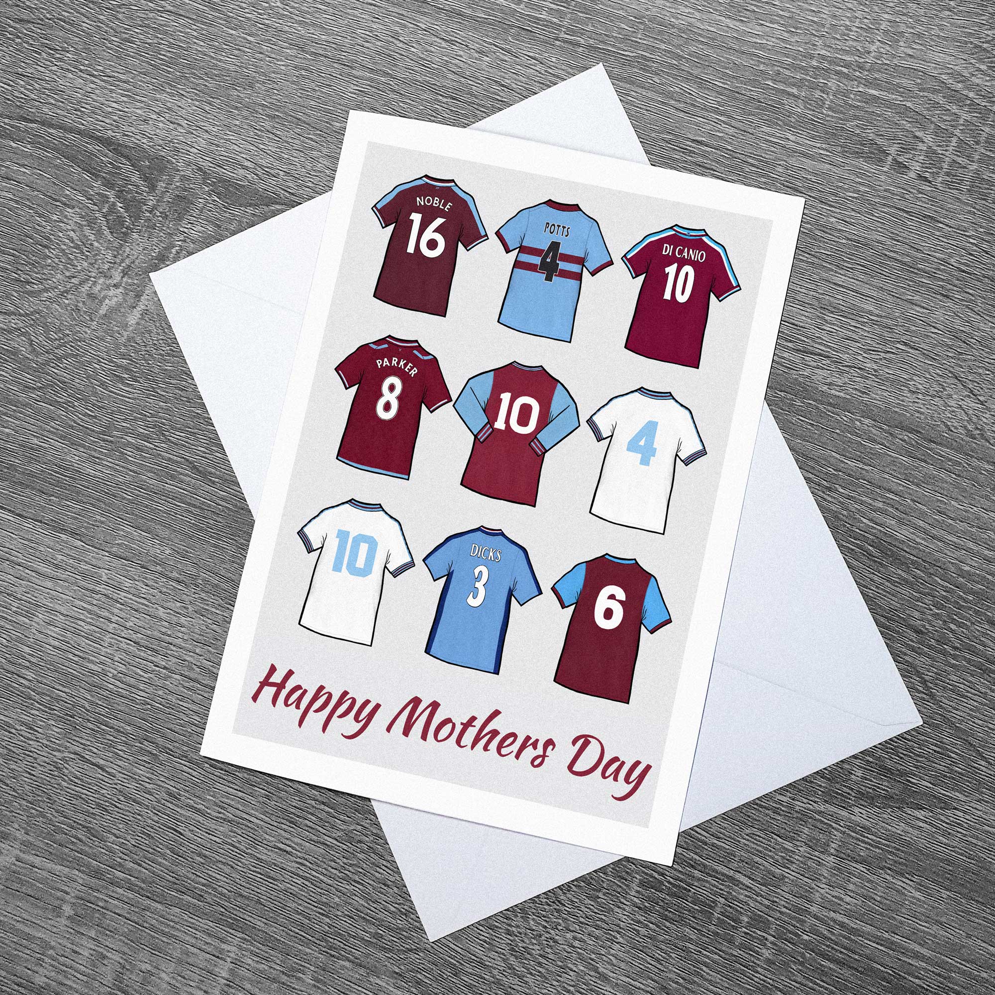 Greetings Mothers Day card featuring West Ham United legends shirts, some of the greatest players to play for the club