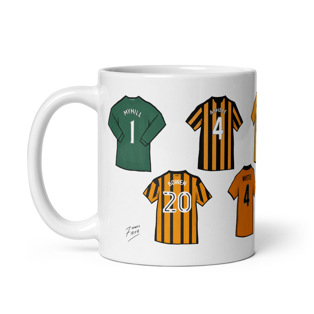 Legends of the Tigers football themed Hull City mug. A mug which celebrates those legends of East Yorkshire. Players such as Boaz Myhill. Ian Ashbee, Jarrod Bowen, Justin Whittle & more