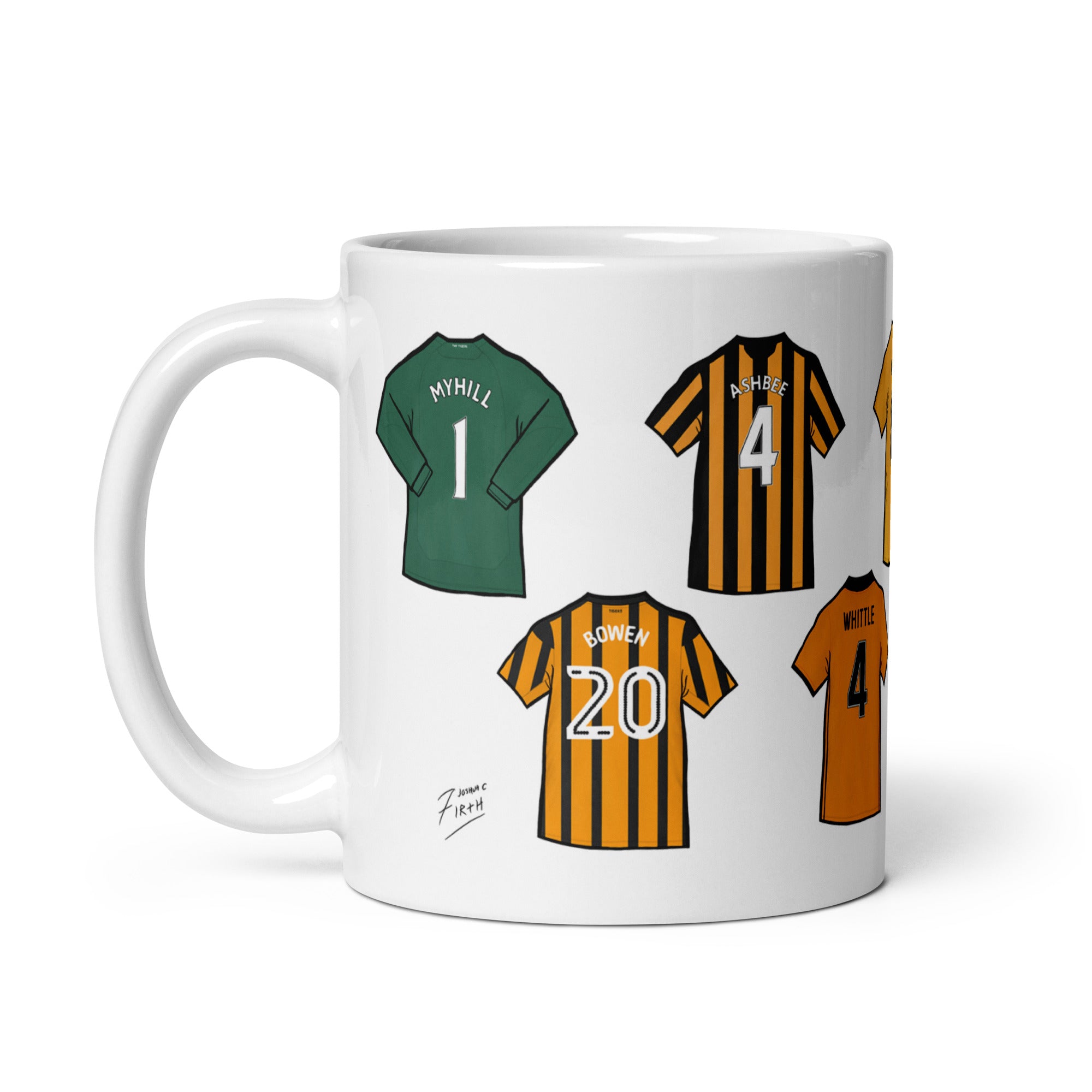 Legends of the Tigers football themed Hull City mug. A mug which celebrates those legends of East Yorkshire. Players such as Boaz Myhill. Ian Ashbee, Jarrod Bowen, Justin Whittle & more