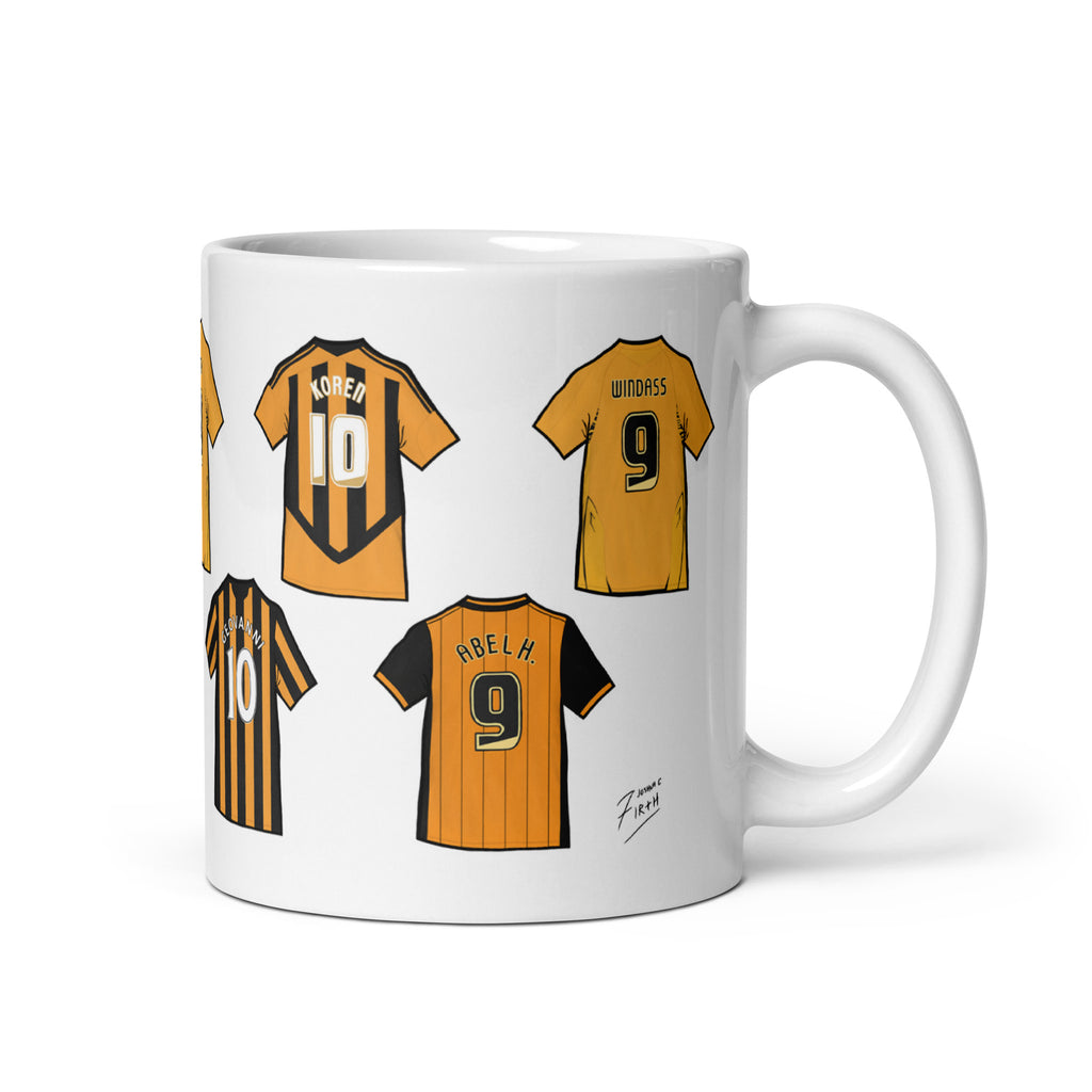 Legends of the Tigers football themed Hull City mug. A mug which celebrates those legends of East Yorkshire. Players such as Robert Karen, Geovanni, Dean Windass, Abel Hernandez and more