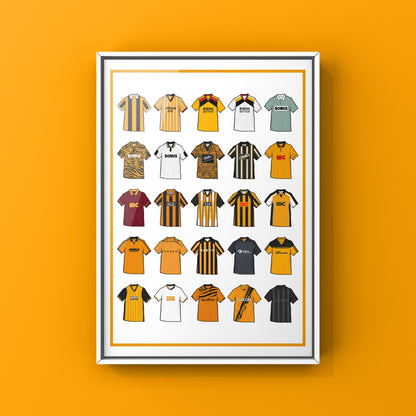 Hull City Retro Shirts Art Print featuring 25 hand-drawn classic football shirts, showcasing the club’s most iconic kits through the years. A celebration of the Tigers’ rich history and evolving style, captured in detailed, vintage-inspired illustrations