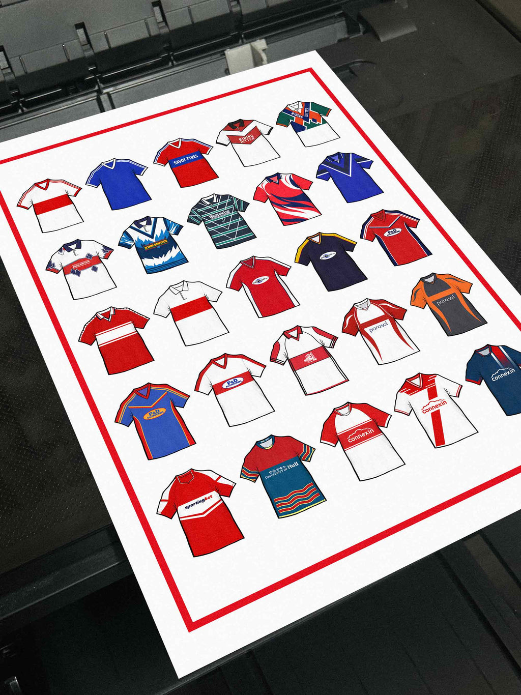 Hull KR Retro Shirts Art Print featuring 25 hand-drawn classic rugby shirts, showcasing the club’s most iconic kits through the years. A tribute to the Robins’ rich heritage and evolving style, captured in detailed, vintage-inspired illustrations