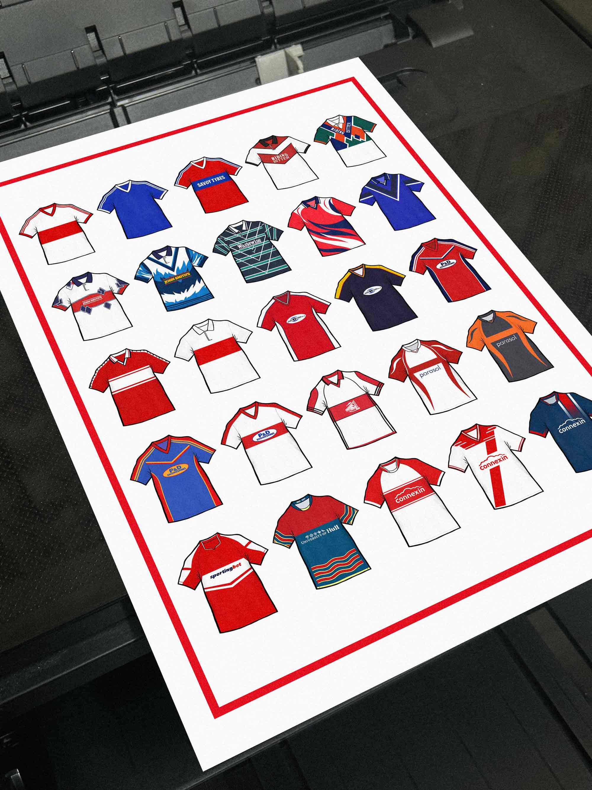 Hull KR Retro Shirts Art Print featuring 25 hand-drawn classic rugby shirts, showcasing the club’s most iconic kits through the years. A tribute to the Robins’ rich heritage and evolving style, captured in detailed, vintage-inspired illustrations
