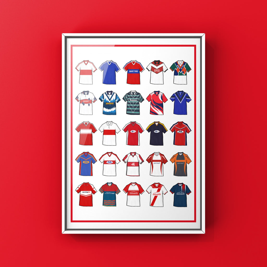 Hull KR Retro Shirts Art Print featuring 25 hand-drawn classic rugby shirts, showcasing the club’s most iconic kits through the years. A tribute to the Robins’ rich heritage and evolving style, captured in detailed, vintage-inspired illustrations