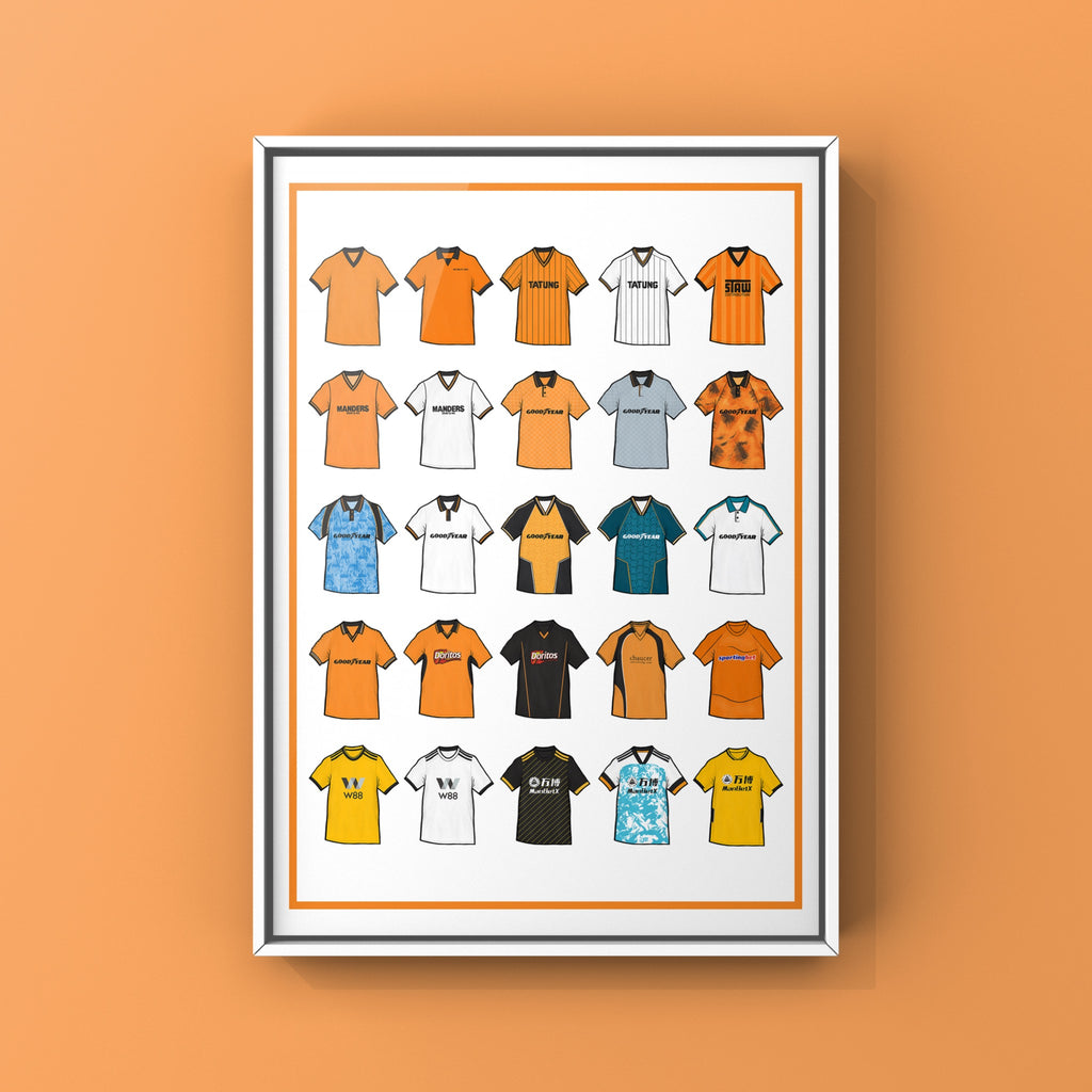 Poster artwork inspired by Wolverhampton Wanderers FC football shirts, featuring a stylized design with gold, black, and white color elements, classic jersey patterns, and the club crest subtly incorporated. The print captures the spirit of Wolves' rich football heritage with a bold, contemporary aesthetic