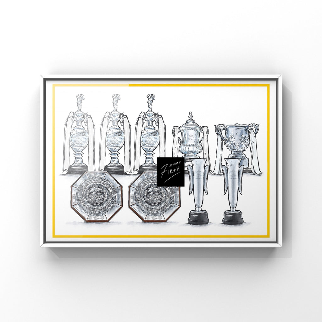 A poster print which pays tribute to the history of a giant English club Leeds United, 3 first division league titles, 1 FA cup, 1 league cup, 2 inter cities fairs cups, 2 charity shields