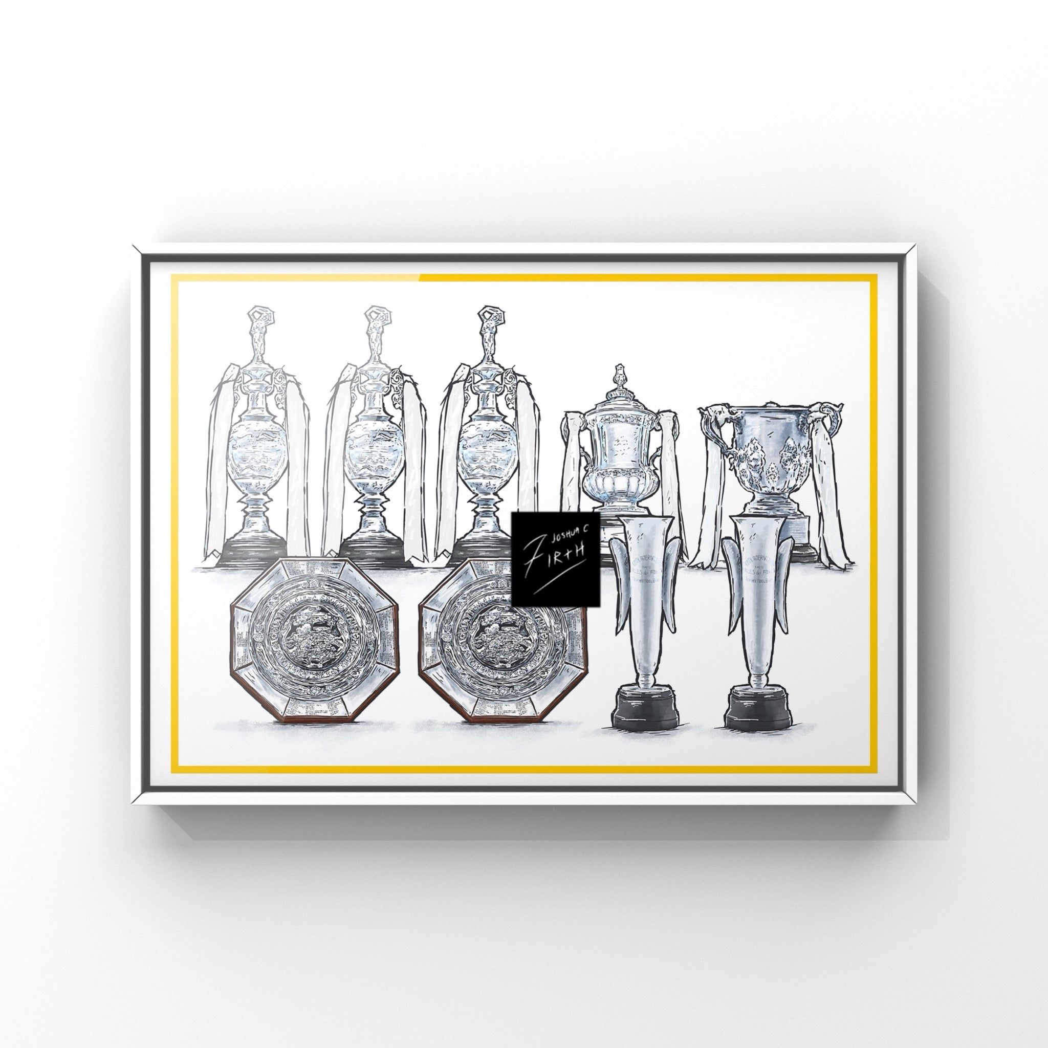 A poster print which pays tribute to the history of a giant English club Leeds United, 3 first division league titles, 1 FA cup, 1 league cup, 2 inter cities fairs cups, 2 charity shields