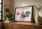 Framed poster of Rugby League Challenge Cup Final 1980 on a wooden cabinet with decor items.