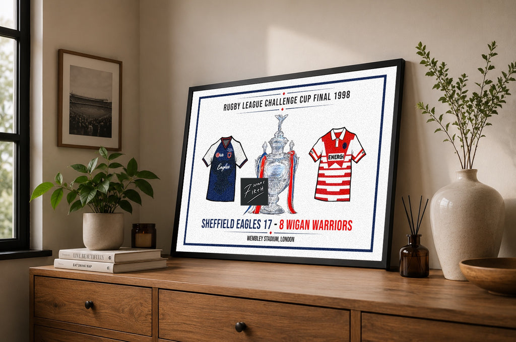 Celebrate one of the most iconic days in Sheffield Eagles history with this independently created artwork inspired by the 1998 Rugby League Challenge Cup Final at Wembley Stadium. Featuring the famous clash between Sheffield Eagles and Wigan Warriors, this hand-drawn illustration commemorates Sheffield Eagles' historic 17–8 victory and one of the greatest upsets in rugby league history.