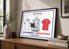 Framed print of Bolton Wanderers and Manchester United 1998 FA Cup Final shirts and trophy on a wooden surface.