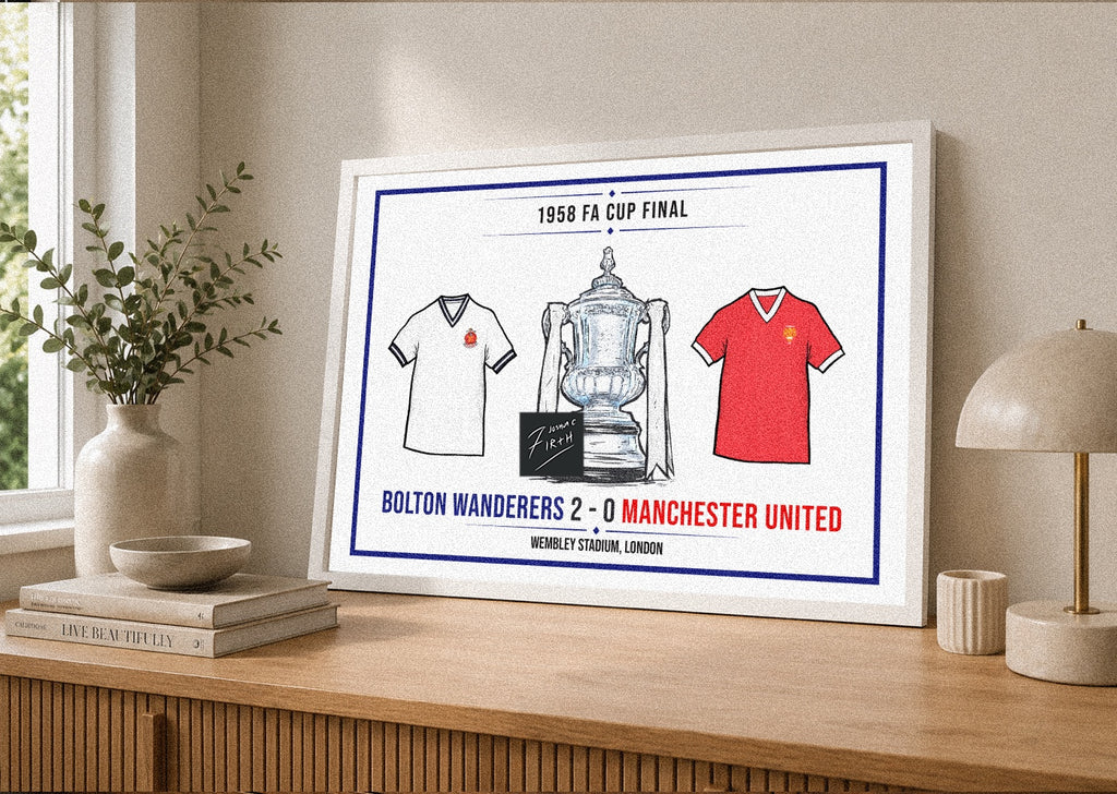 Celebrate one of the most iconic days in Bolton Wanderers history with this independently created artwork inspired by the 1958 FA Cup Final at Wembley Stadium. Featuring the famous 2–0 victory over Manchester United, this hand-drawn illustration commemorates Bolton's historic FA Cup triumph and one of the club's greatest achievements. Perfect for Bolton Wanderers fans, football memorabilia collectors, and anyone searching for unique Bolton gifts, this artwork captures the pride, passion, and heritage 