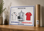 Framed print of 1958 FA Cup Final result with Bolton Wanderers and Manchester United shirts on a wooden surface.