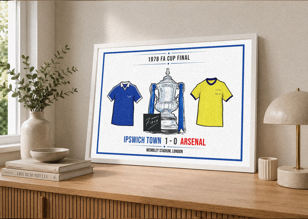 Framed print of 1978 FA Cup Final result on a wooden shelf with decor items.