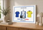Framed print of 1978 FA Cup Final result on a wooden shelf with decor items.