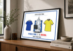 Framed print of 1978 FA Cup Final result with Ipswich Town and Arsenal shirts on a wooden surface.
