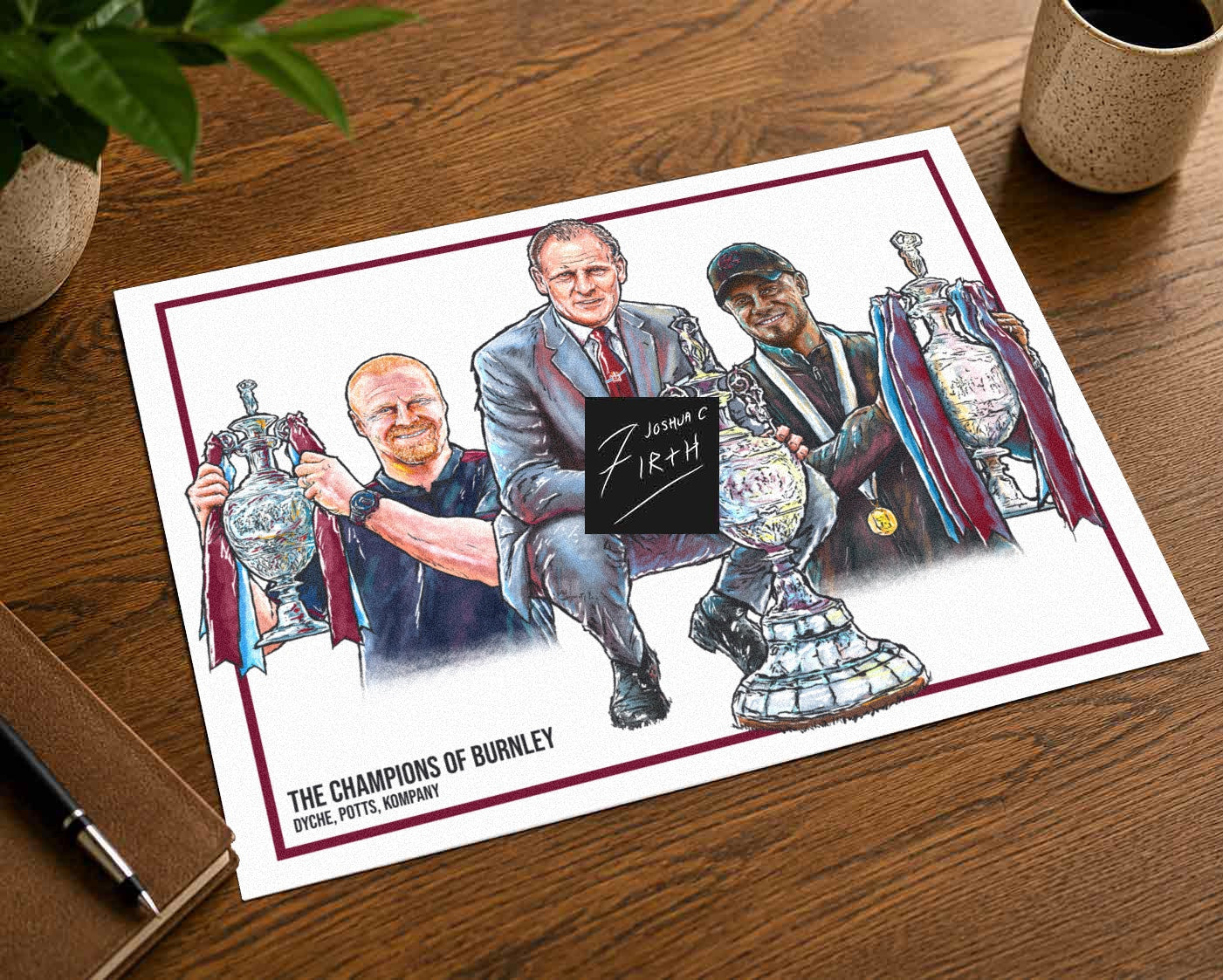 Celebrate Burnley's championship-winning legacy with this independently created, unofficial artwork by Joshua C. Firth. Featuring Sean Dyche, Harry Potts and Vincent Kompany, this original hand-drawn illustration honours the managers who led Burnley to title-winning success. Created by a supporter, this fan-inspired artwork is a tribute to the football history in England, and is absolutely no way tied to any football club or brand. Created by a fan, for the fans