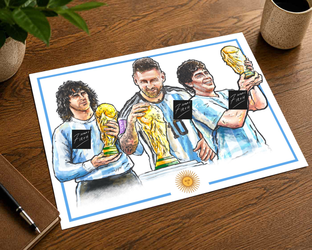 Argentina World Champions Kempes Messi Maradona Art Football Print