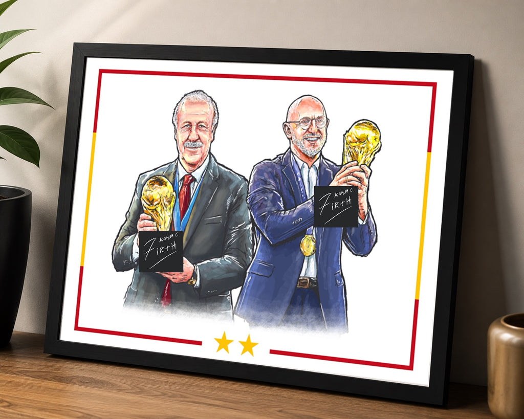 My artwork depicts Vicente Del Bosque and Luis De La Fuente, legendary Spanish football managers who restored success to their homeland by winning world cups.  This piece is available both framed and unframed. 