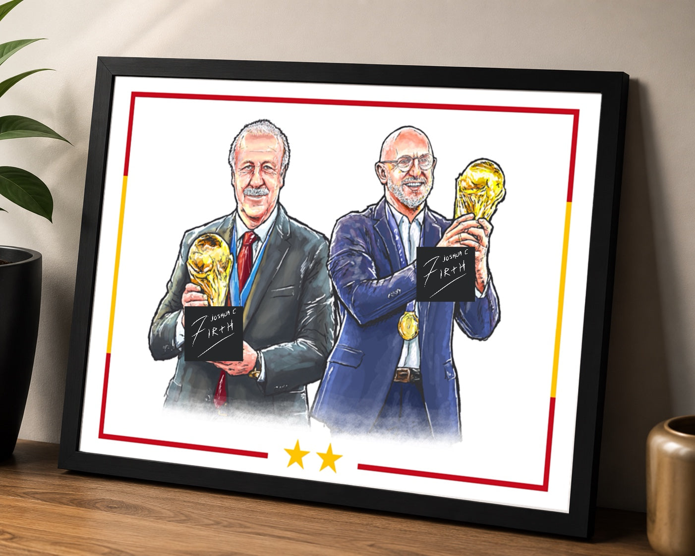 My artwork depicts Vicente Del Bosque and Luis De La Fuente, legendary Spanish football managers who restored success to their homeland by winning world cups.  This piece is available both framed and unframed. 