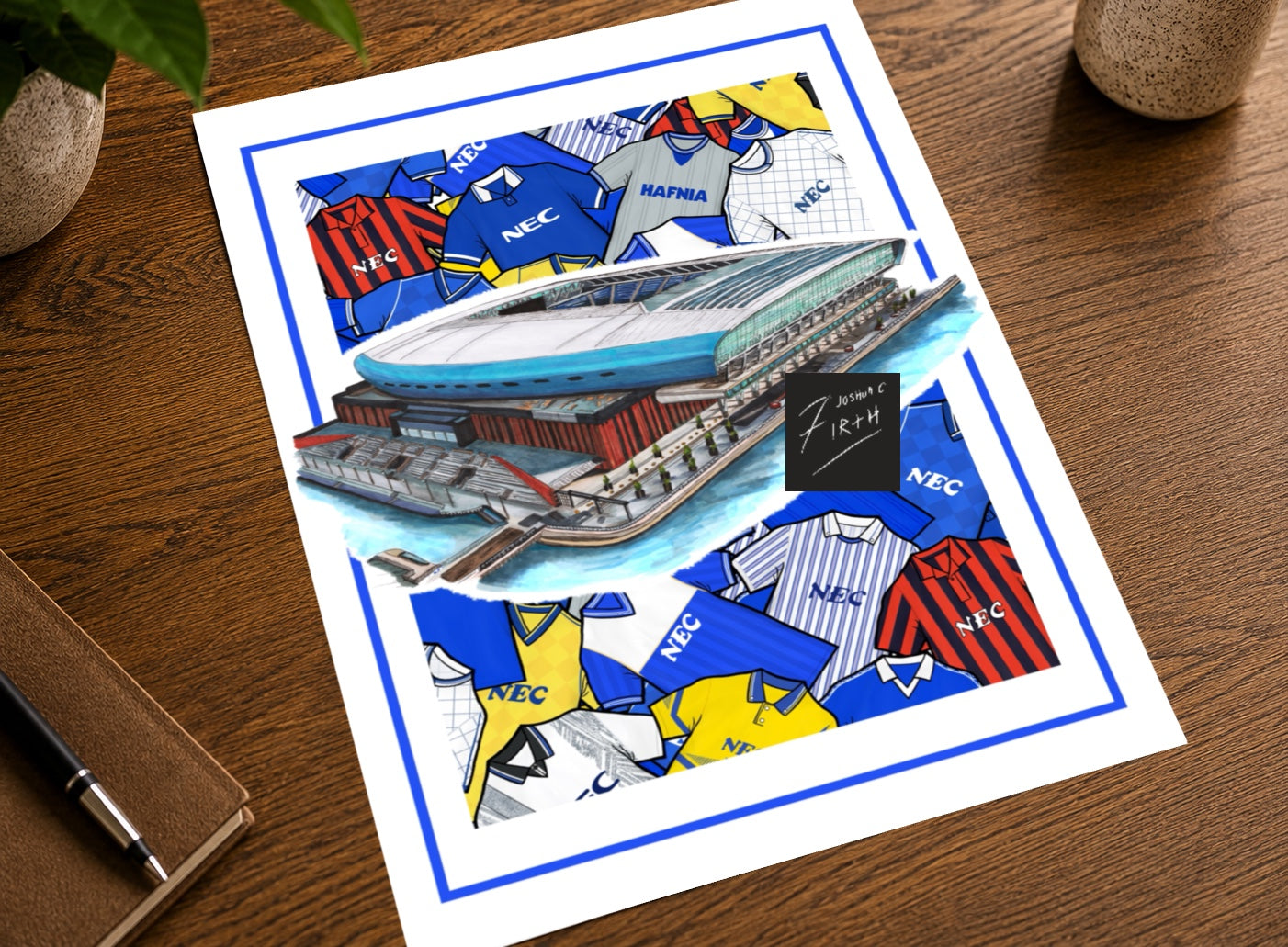 Artwork inspired by the new home of Everton football club, the Hill Dickinson stadium. The artwork features retro classics of Everton, creating a sense of past and present.