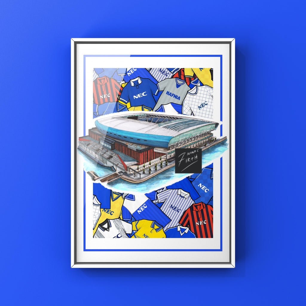 Artwork inspired by the new home of Everton football club, the Hill Dickinson stadium. With retro classics of Everton surrounding it, which has a feel of past and present