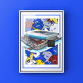 Artwork inspired by the new home of Everton football club, the Hill Dickinson stadium. With retro classics of Everton surrounding it, which has a feel of past and present