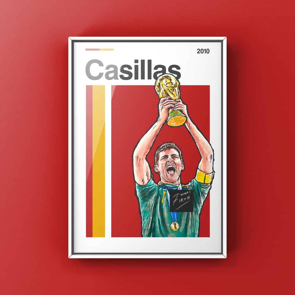 This hand-drawn illustration captures a defining moment in Spanish football history: Casillas celebrating with the World Cup trophy after Spain’s victory.  The artwork features Casillas, who played a crucial role throughout the tournament, making decisive saves and captaining Spain to their first-ever World Cup title.