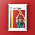 This hand-drawn illustration captures a defining moment in Spanish football history: Casillas celebrating with the World Cup trophy after Spain’s victory.  The artwork features Casillas, who played a crucial role throughout the tournament, making decisive saves and captaining Spain to their first-ever World Cup title.