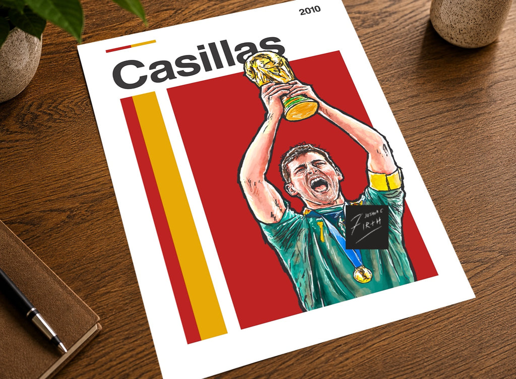 This hand-drawn illustration beautifully captures a defining moment in Spanish football history: Casillas celebrating with the World Cup trophy after Spain’s victory.  It depicts Casillas, whose crucial saves and leadership throughout the tournament ultimately secured Spain’s first-ever World Cup title.