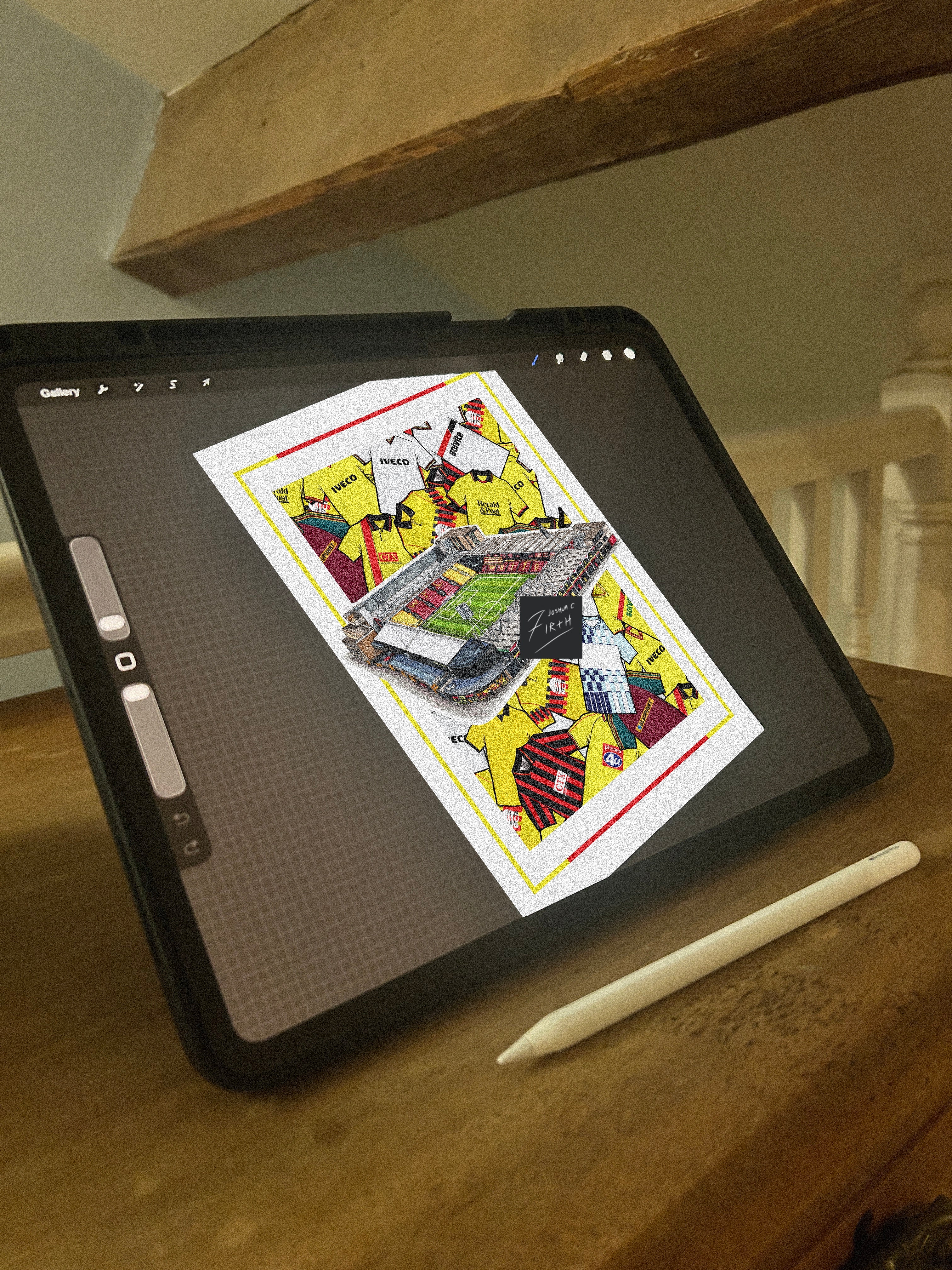 Watford Inspired Collage Retro Shirts Vicarage Road Stadium Football Print, a football print drawn on an iPad, finished and completed 